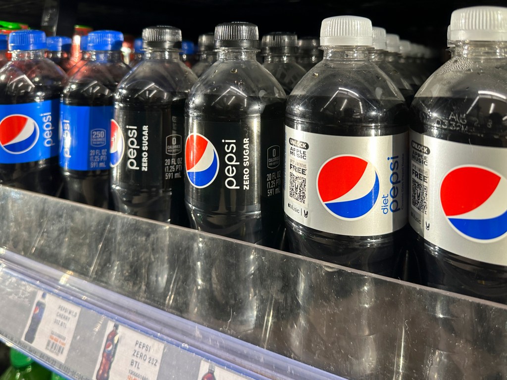 Pepsi regular, zero sugar and diet in PET soda bottles on a supermarket shelf in Miami, Florida on August 11, 2023